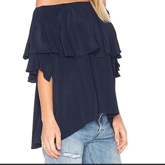 MLM Label ~ Midnight Blue Ruffle Off the Shoulder Blouse ~ Size XS - Picture 4 of 6